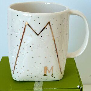 ANTHROPOLOGIE Gilded Gold Confetti Coffee Mug Cup, Letter "M", In Original Box